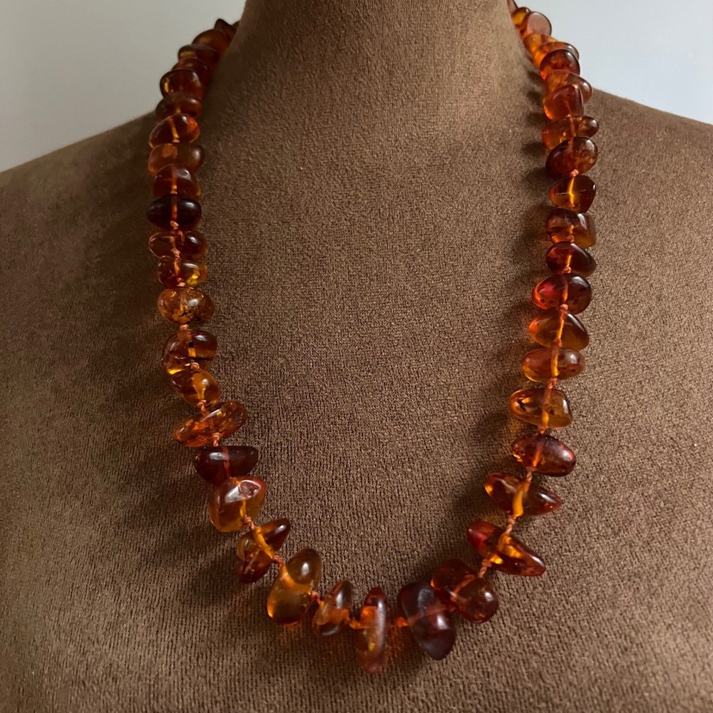 Vtg Baltic Amber Nugget Necklace Natural   Knotted 26"